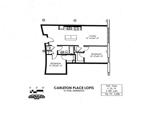 Floor plan for 2 beds, 1 bath, 1026 sqft